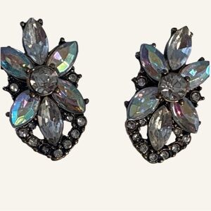 Vintage Iridescent Aurora Borealis Rhinestone Cluster Earrings Bronze Tone